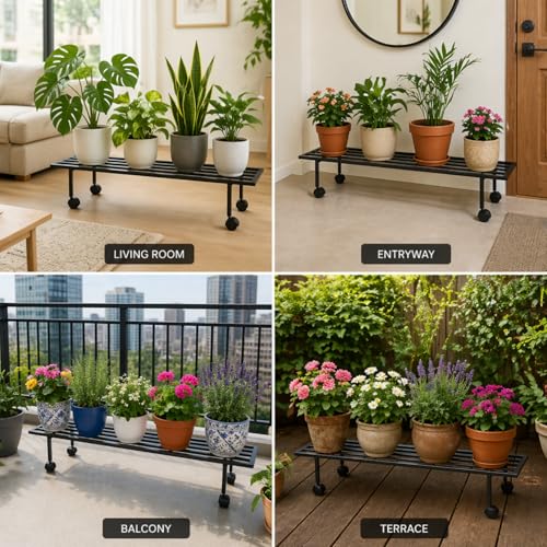 Image of ecofynd Scot 35 Inch Plant Stand with Wheels for Outdoor Balcony, Flower Pot Stand for Indoor Plants, Metal Plant Stand for Living Room, Home decor, Indoor & Outdoor plants, 1 Tier (2 Pack, PS051-BLK)