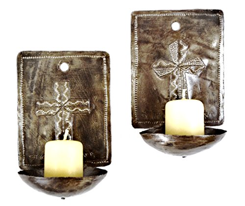Wall Candle Holders With Engraved Cross, Decorative Religious Art, Handmade In Haiti From Recycled Steel Barrels Candles Not Included 4 X 6 X 3 Inches #TOP10