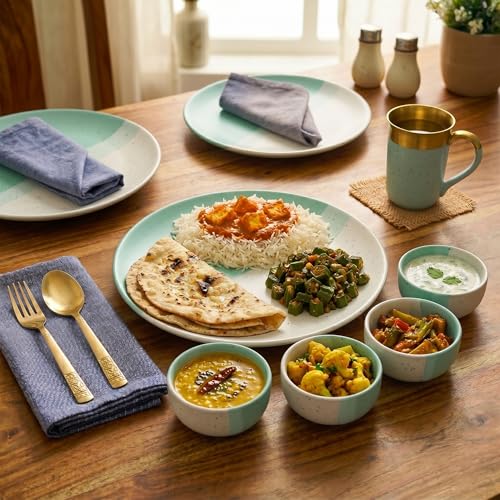 Image of The Earth Store TT Green Matte Ceramic Dinner Set, 18 Pieces with 6 Dinner Plates & 12 Vegetable Bowls | Microwave & Dishwasher Safe | Dinner Set for Dining Table