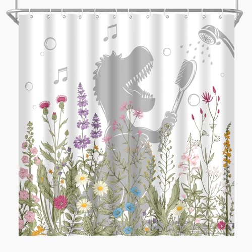 Image of Dinosaur Shower Curtain Funny Dino Sing Bathe Behind Wildflowers Trex Silhouette Shadow for Kids Bathroom Home Decor Waterproof Polyester Fabric 72Lx72W Inch with Hooks
