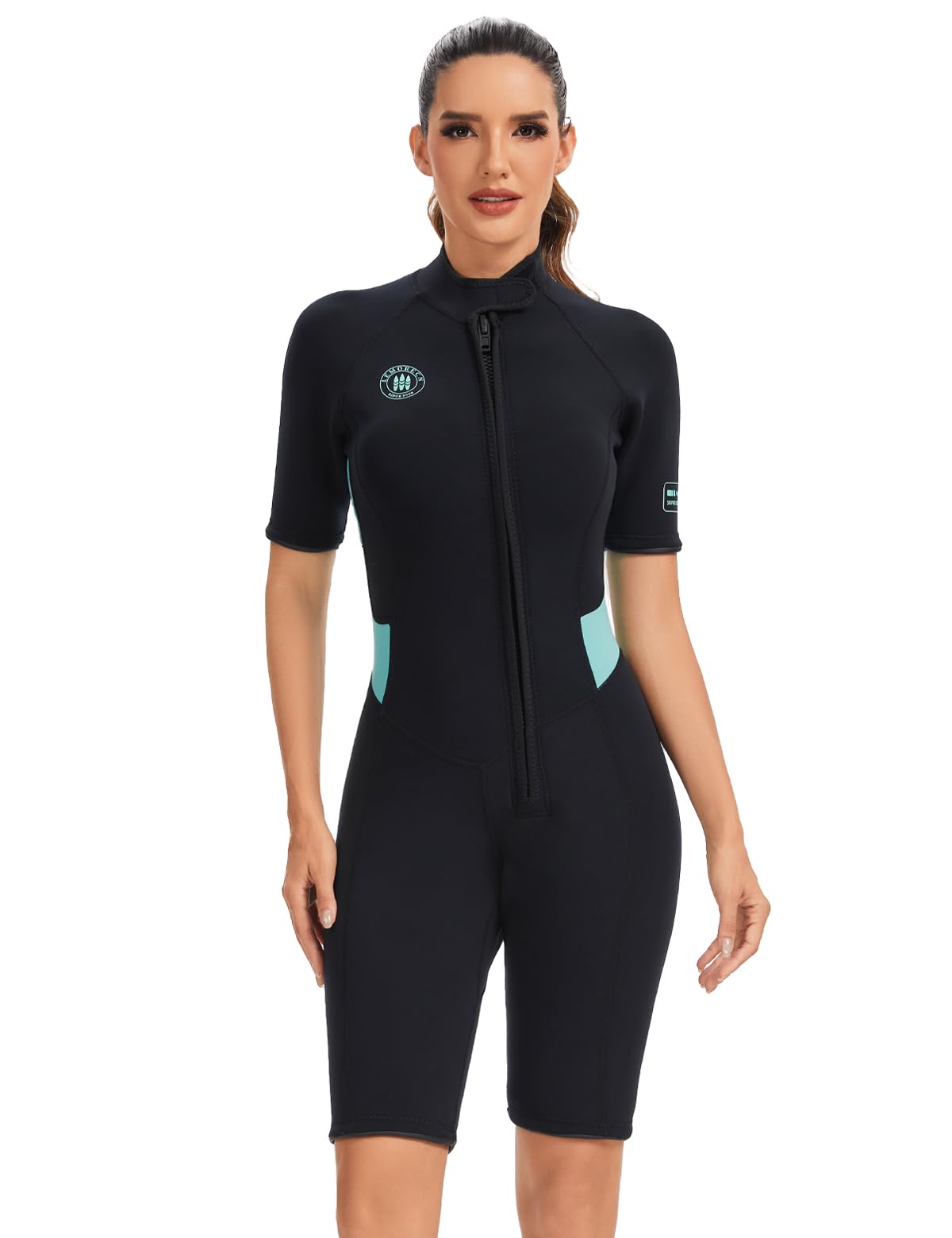 Lemorecn 2mm Shorty Wetsuit Women, Front Zip Wetsuits, Ultra-Stretch Neoprene Thermal Swimsuit Diving Suit for Swimming Surfing Kayaking Snorkeling & Water Sports (UK0225-GREEN-3XL)