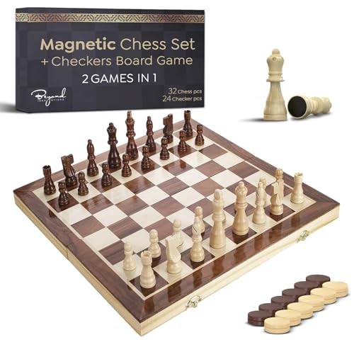 Wooden Magnetic Chess Set & Checkers Board Game, 15” Foldable Chess Board | Solid Wood 2-in-1 Board Game for Adults with Storage Box, 2 Extra Queens, Portable Travel Chess Set for Kids & Beginners
