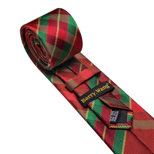 Image of Barry.Wang Plaid Ties Mens Silk Necktie and Tie Clip Checkered Tie for Wedding Party Business Formal