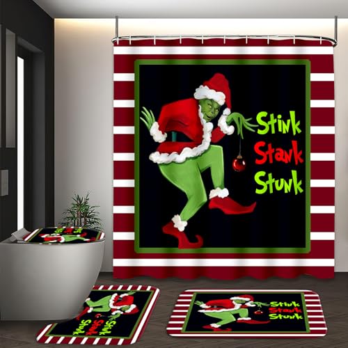 BIVIPO Christmas Bathroom Set 4-Piece, Holiday Shower Curtain with Hooks, Non-Slip Bath Mat, Toilet Lid Cover & U-Shaped Rug, Festive Bathroom Decor, 72x72 Inches