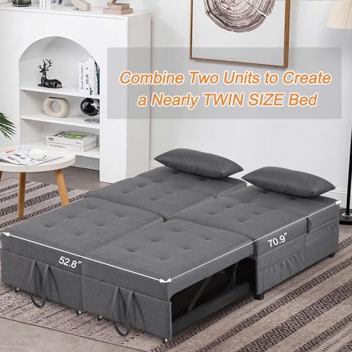 DRMBOOK 4 in 1 Ottoman Bed Sleeper Chair, Convertible Futon Chair Bed Pull Out Futon Chair Recliner Small Sofa Bed for Living Room, Bedroom, Apartment Office with Pillow (Drak Grey)