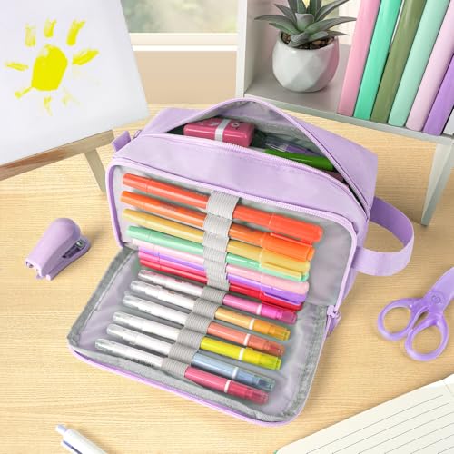 Image of Sooez Original High Capacity Pencil Case, Big Pencil Bag Pouch Box Organizer Pen Case, Aesthetic Supply for Girls Adults, Portable Journaling Supplies with Easy Grip Handle & Loop, Purple