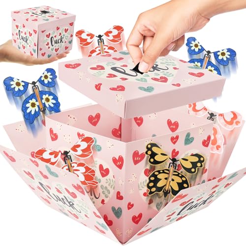 Flying Butterfly Explosion Gift Box with 6 Pcs Flying Butterflies, Surprise Birthday Gift Box with Butterfly， Surprise Cake Boxes for Birthday, Anniversary, Wedding,Graduation Special Occasions Pink