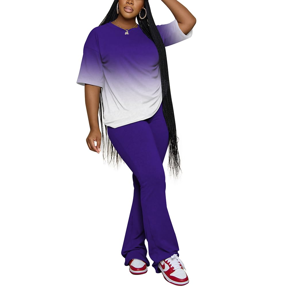 PINSV Women 2 Piece Outfits Short Sleeve Top and Flare Pants Lounge Sets Tracksuit