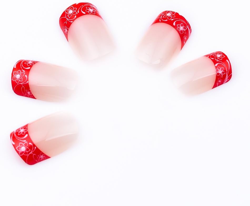 KeeNail Nail Art Pre-design Acrylic Fake French Nails Short Glitters Sakura Red 24 Piece Set
