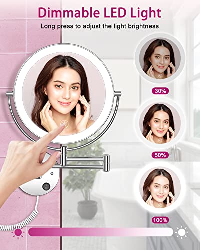 Benbilry 9” Wall Mounted Lighted Makeup Vanity Mirror With 3 Color Dimming Lights, Super Large Size 1X/10X Magnifying Double Sided Led Cosmetic Mirror, 360° Swivel Extendable Round Shaving Mirror #TOP3
