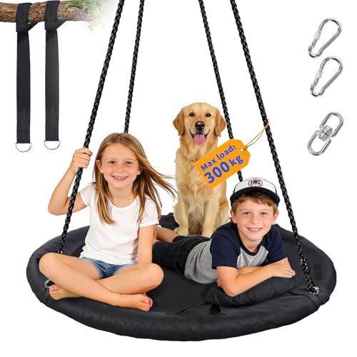 BELEEV Nido de Columpio 120cm, Interior y Exterior Columpio Nido Ajustable(110-180cm), Incluye Almohada y 4 Asas, Columpio Redondo con Capacidad de Carga de hasta 300 kg para Niños y Adultos-Negro