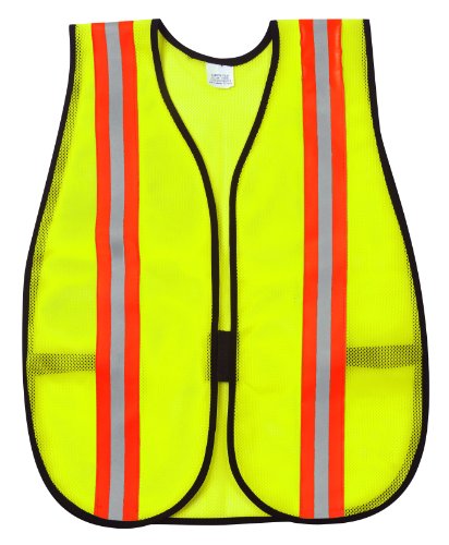 Image of MCR Safety V200R Polyester Mesh General Purpose Safety Vest with 2-Inch Orange /Silver Reflective Stripe, Fluorescent Lime