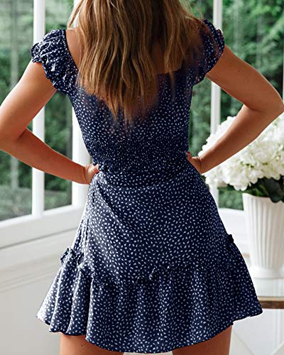 Image of Womens Summer Sundress Ruffle Sleeve Sweetheart Neck Print Mini Dress | Sundresses, Smocked Waist, Boho Floral, Flowy Ruffle Hem, Beach, Country Concert, Date Night