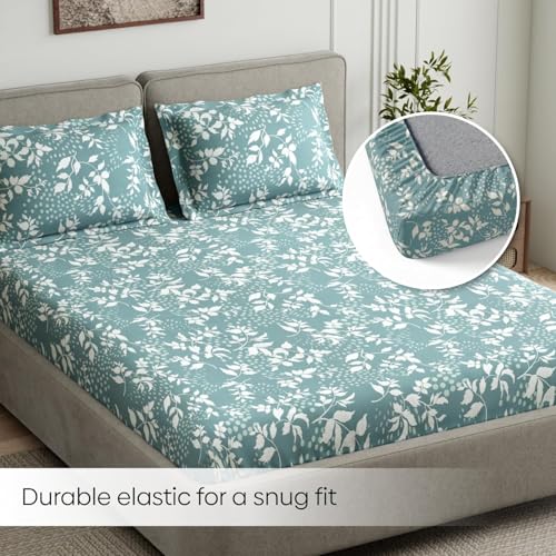 Image of Haus & kinder Double Bedsheet for Queen Size Bed | 90 x 100 Inches 144 TC Cotton Bedsheet for Double Bed with 2 Pillow Covers - Green Foliage