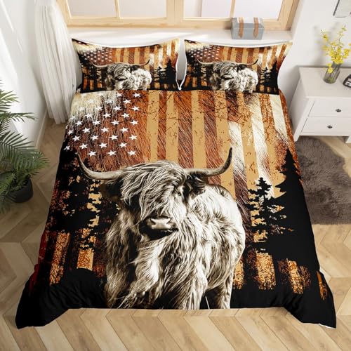 Feelyou Highland Cow Bedding Set for Boys Girls Highland Cattle Comforter Cover Set Queen Size American Flag Animal Duvet Cover Bedroom Decor Bedspread Cover Western Decor Bedding Collection 3Pcs