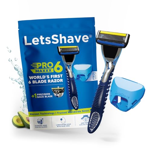 Image of LetsShave Pro 6 Maxxx - world's 1st 6 blade razor for men, Precision Back Blade | 1 Handle + 1 Cartridge + Travel Cap | Open-Flow Anti-Clog | Micro-Span Curved Blades | Common Docking Fits Pro 4 /5 /6 /7