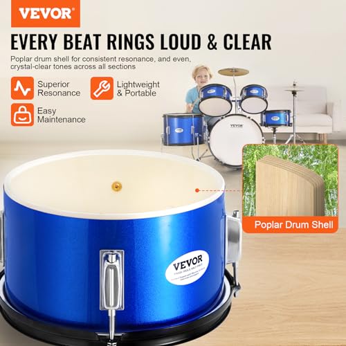 VEVOR Kids Drum Set, 5-Piece, 16 in Beginner Full Drum Set with Bass Toms Snare Floor Drum Adjustable Throne Cymbal Hi-Hat Pedal and Two Pairs of Drumsticks, Starter Drum Kit for Child Kids, Blue by VEVOR - Image 2