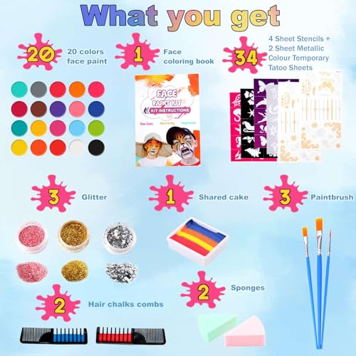 Image of Store2508 Face Body Paint Kit for Kids - 20 Colours Non-Toxic Water Based Face Painting Set with Glitter Hair Chalk Brushes Sponges Stencils and Tattoos - Safe Skin Friendly Washable Paints for Parties Festivals Halloween