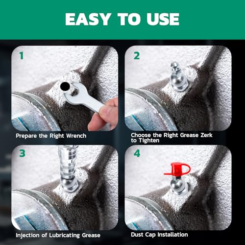 Image of OURU 100PCS 1 /4 inch-28 SAE Grease Fittings Kit, Zerk Grease Fittings Straight with Grease Fitting Caps & Wrench Kit(8mm) for Grease Gun