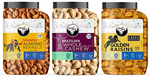 Image of Forest Found Dry Fruits Combo (1.5kg Pack of 3) | Spanish Almonds, Brazilian Cashews & Greek Golden Raisins (500g Each) | Whole Jumbo Nuts & Seedless Raisins | Healthy Festive Gift Pack