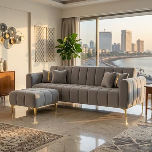 Image of CASASTYLE Hanster 4 Seater L Shape Sofa Set with Movable Ottoman | Flexible Left or Right Layout | Cozy Velvet Fabric | Soft Touch Seating with Golden Legs | Sofa for Living Room (Light Grey)