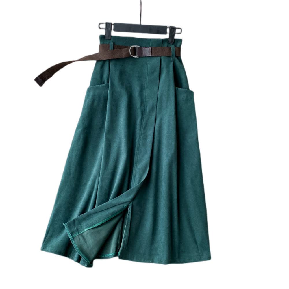 OZEO Gonne,Gonna Midi da Donna Verde Scuro Vita Alta Gonna Ombrello A Fessura Irregolare Tinta Unita con Cintura A-Line Cargo Casual Increspato Gonne Lunghe per Ragazze Donna Autunno Inverno,L