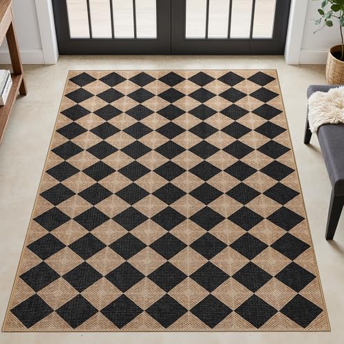 Dadasgk Washable Checkered Faux Jute Rug 3x5, Non-Slip Indoor Outdoor Area Rug for Entryway,Kitchen, or Living Room, Textured Diamond Farmhouse Carpet, Neutral Black Door Mat for Backyard or Patio