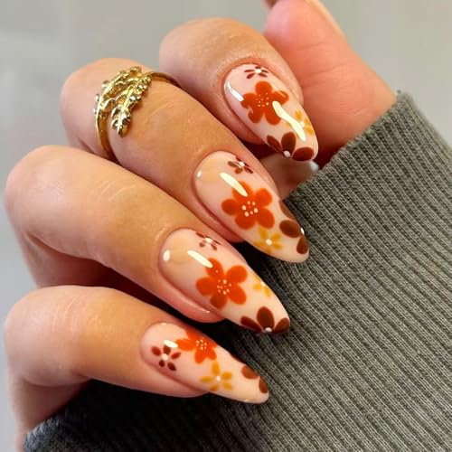 24PCS Thanksgiving Day Autumn Maple Leaf Press on Nails Short Square Shining Golden Red Acrylic False Nails. Gentle Fall Design for Women Girls (1167)
