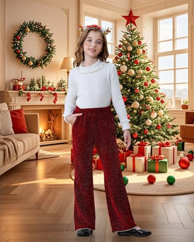 Image of Rolanko Girls Wide Leg Velvet Pants Dressy Palazzo Pant for Girls Corduroy Pant with Pearls for Christmas Holiday Party 5-12Y