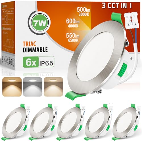 ALUSSO LED Einbaustrahler 230V Dimmbar Flach LED Spots 7W IP65 Deckenspots 68mm Warmweiß Neutralweiß Kaltweiß Einbauleuchten für Badezimmer Küche Wohnzimmer, Nickel Gebürstetes, 6er Set