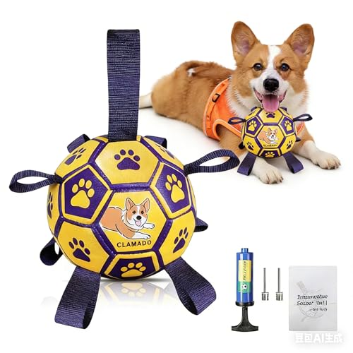 clamado Interactive Dog Football with Grab Tabs Durable Floating Water Toy for Fetch & Tug Safe PU Material for Small & Medium Dogs Indoor & Outdoor Play (6 Inch)