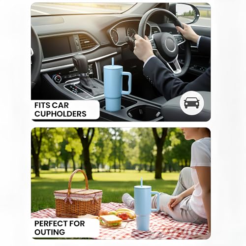 Image of Personalised 1200ml Insulated Stainless Steel Tumbler with Handle and Straw Lid - Large Travel Mug for Coffee & Water, Double Wall Vacuum Cup, Car Cupholder Friendly (Cloud Blue)