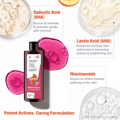 Image of Savlon Melanin Science Face & Body Wash 250ml | With 1% Salicylic Acid + 1% Lactic Acid + 0.5% Niacinamide | Fights Hyperpigmentation | Helps Renew Dull Skin in 7 Days | Dermatologically Tested