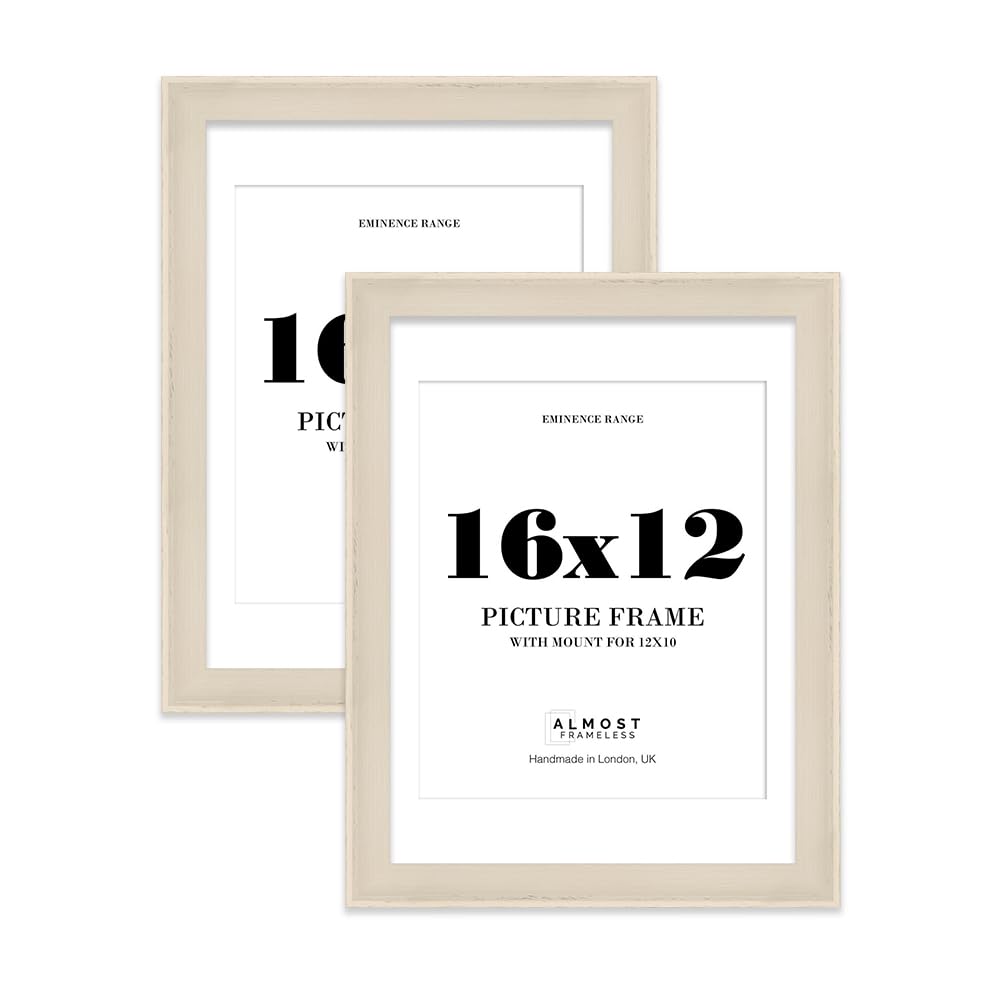 16x12" Cream Picture Frame with 12x10" Mount - Shabby Chic Photo Frame with Distressed Finish, Wall Hooks, 32mm Edge - 2 Pack
