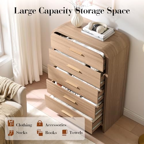 Image of Curved Drawer Dresser for Bedroom with 5 Drawers, 31'' Wide Chest of Drawer