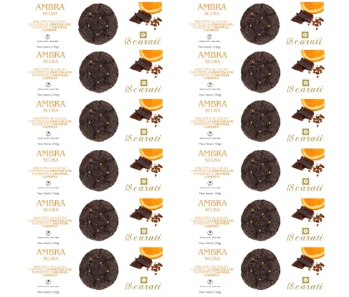 18 Carati | Ámbar Oscuro | 12 x Galletas de cacao con cáscara de naranja confitada y chocolate negro | Galletas artesanales italianas hechas a mano | Sin leche | 12 x 130 g