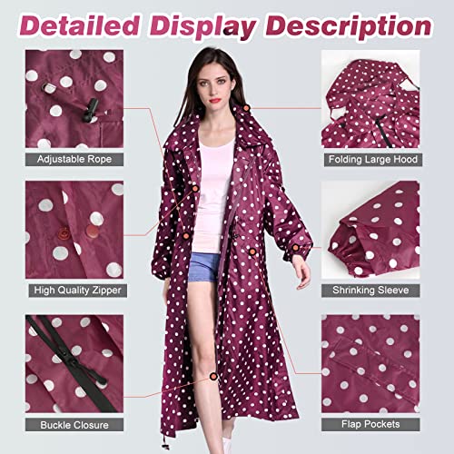 LAMA Stilvolle Lange Regenjacke Regenmantel Regenponcho mit wasserdichte Pattentasche Kapuze Tunnelzug Erwachsene Regenbekleidung Regencape Raincoat Regenschutzbekleidung Damen, Rosa Tupfen XXL