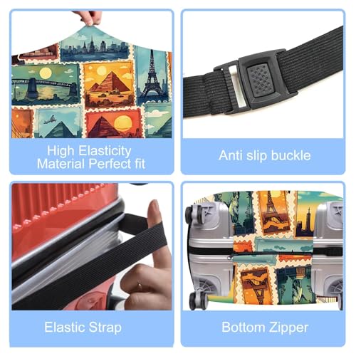 Image of Luggage Cover for Travel - World Landmark Stamp Style, Waterproof Suitcase Wrap and Luggage Protector for 28''-30'' Suitcase, L