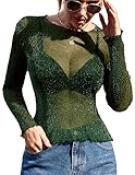 Avidlove Women's Fishnet Mesh Tops Long Sleeve Sheer Net T-Shirt Tee Dark Green Small
