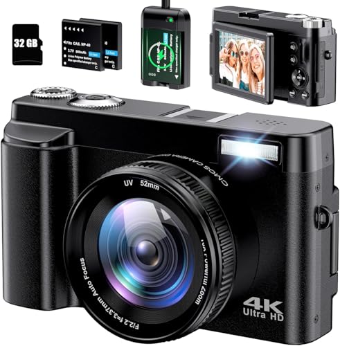4K Digital Camera for Photography - Autofocus 48MP Vlogging Camera for YouTube with 3'' 180°Flip Screen - 16X Digital Zoom, Anti-Shake Camera for Vlogging with SD Card, 2 Batteries & Charging Stand ﻿