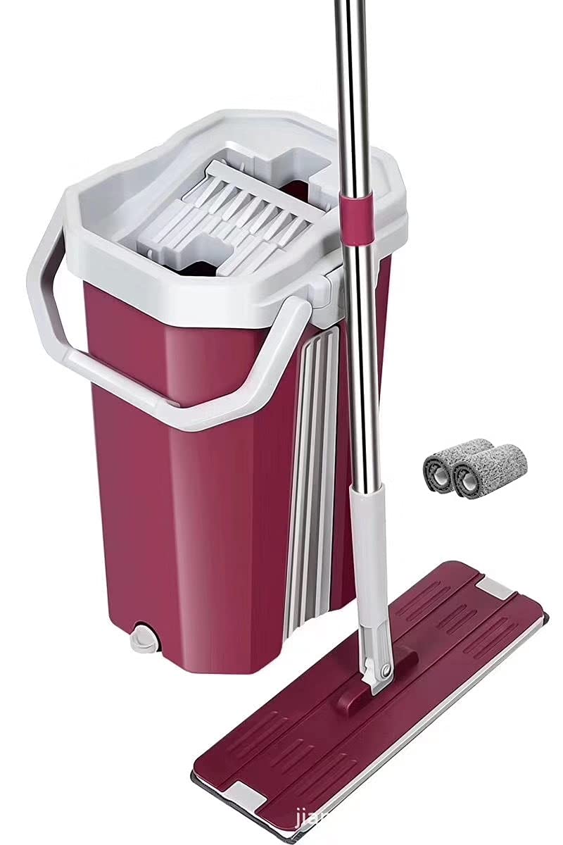U.P.C. Hands Free Squeeze Microfiber Flat Spin Mop System 360° Flexible Head (38X12.5 cm) with 1 Super absorbent Microfiber Pads, 59.8'' Extended Stainless Steel Handle Pink