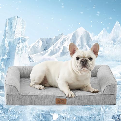 COZY KISS Cama Refrigerante Ortopédica para Perros Medianos 76x51x15 cm   Sofá Ergonomico para Perros con Funda Desenfundable y Lavable & Espuma de Alvéolos, Impermeable, Gris Plateado