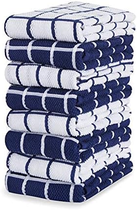 Amazon Brand  Eono 100% Cotton Terry Tea Towels - Absorbent Restaurant Bar Glass Kitchen Cloths - 40 x 64 cm - Pack of 8 - Blue