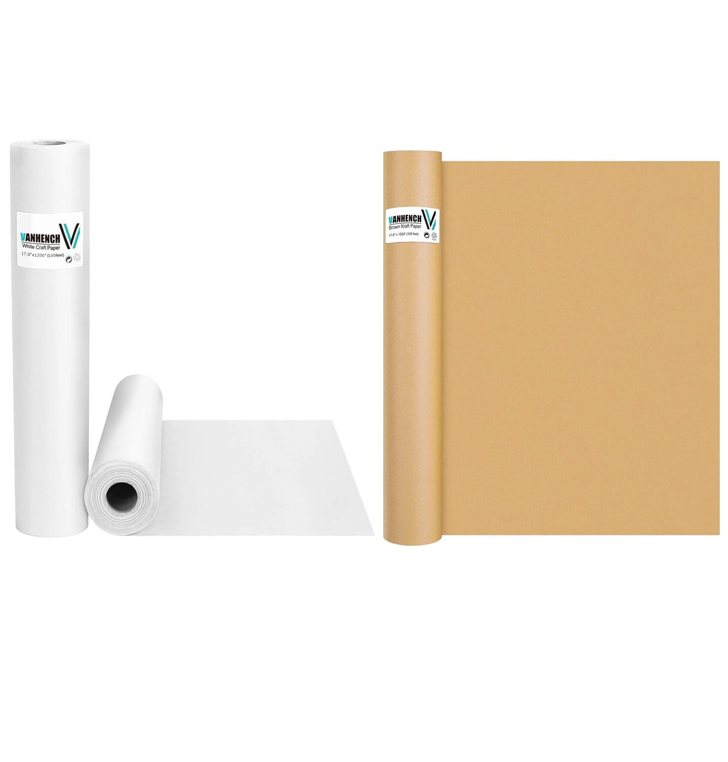 Vanhench Brown Wrapping Paper, Craft Paper, Kraft Paper Roll 17.8" x 100ft (1200 Inch) & White Craft Paper Roll 17.8"×1200"