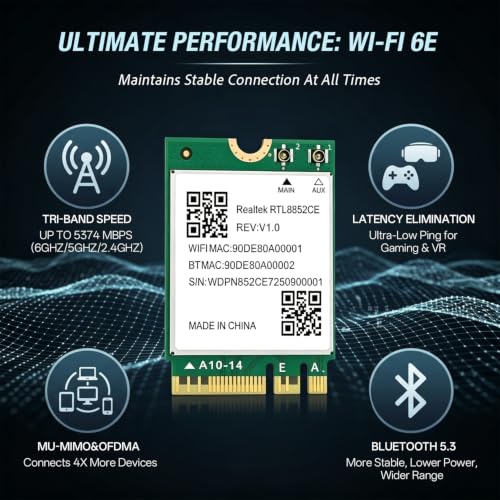 Tarjeta de red inalámbrica WiFi 6E RTL8852CE NGW con Bluetooth 5.3, banda triple, 5400 Mbps, para laptop, compatible con Windows 10 y 11 (64 bits), interfaz M.2/NGFF miniatura 2