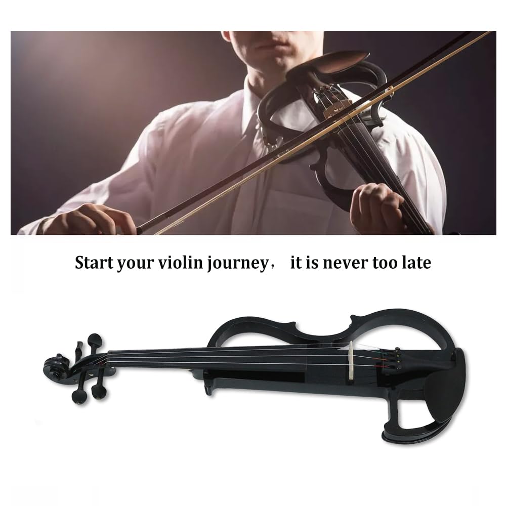 Violino elettrico 4/4 full size - Violino elettrico silenzioso con jack per cuffie, accessori in ebano - Include custodia, archetto - ideale per pratica e performance