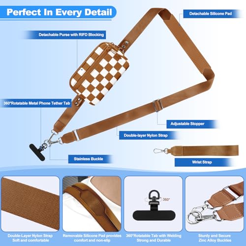 Image of YFWE Clip and Go Strap for Phone with Wallet Crossbody, Adjustable Phone Lanyard with Detachable RFID Wristlet Wallet, Phone Strap with Phone Tabs for All Phones, Bronze Checkered (L)