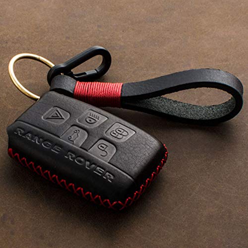 KMT Car Key Fob Case-Genuine Leather Key Cover Holder fit Land Rover Range Rover Sport Evoque LR4 Smart Key-Car Accessories Key Chain (Black+red Thread)