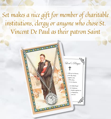 St Vincent De Paul Necklace with St Vincent Holy Card, Lord's Prayer Card - St Vincent De Paul Medal Jewelry | Catholic Patron Saint of Charitable Societies, Volunteers, Hospital | Total 3 Items2