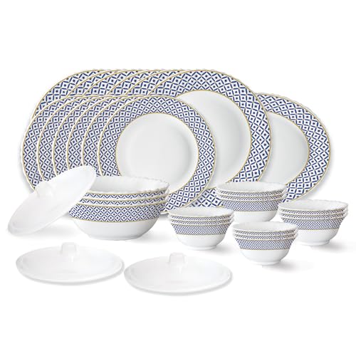 Image of Larah by Borosil Juliet Fluted Series Opalware Dinner Set | 31 Pieces for Family of 6 | Microwave & Dishwasher Safe | Bone-Ash Free | Crockery Set for Dining & Gifting | Plates & Bowls | White